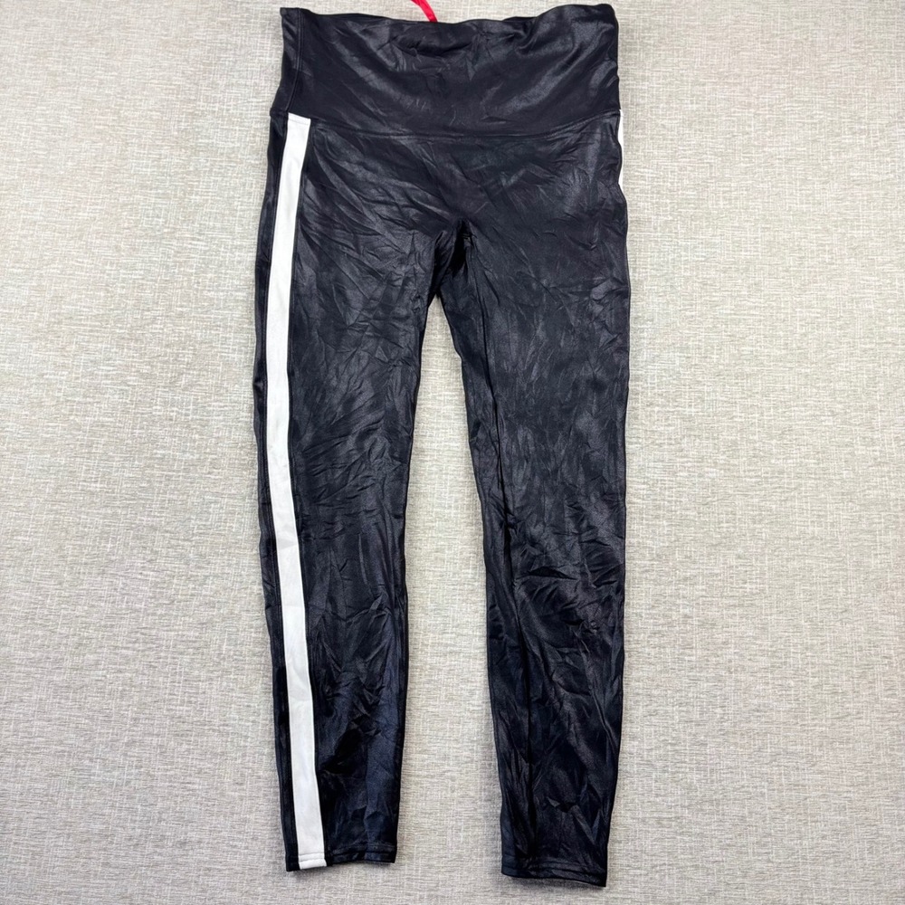 Spanx Faux Leather Side Stripe Womens 1X Leggings Black White High Waist